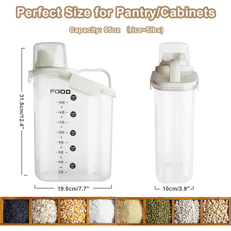 LANGMINGDE 3-Piece Airtight Cereal Containers - 2.8L (95oz) Clear Pantry Storage With Measuring Cup
